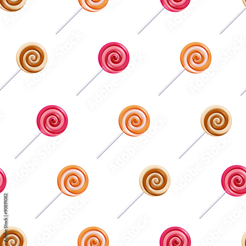 Assorted lollipop spiral candies seamless background.