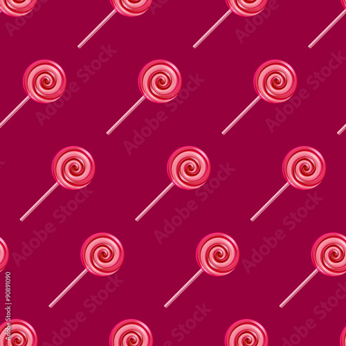 Red and pink lollipop spiral candies seamless background.