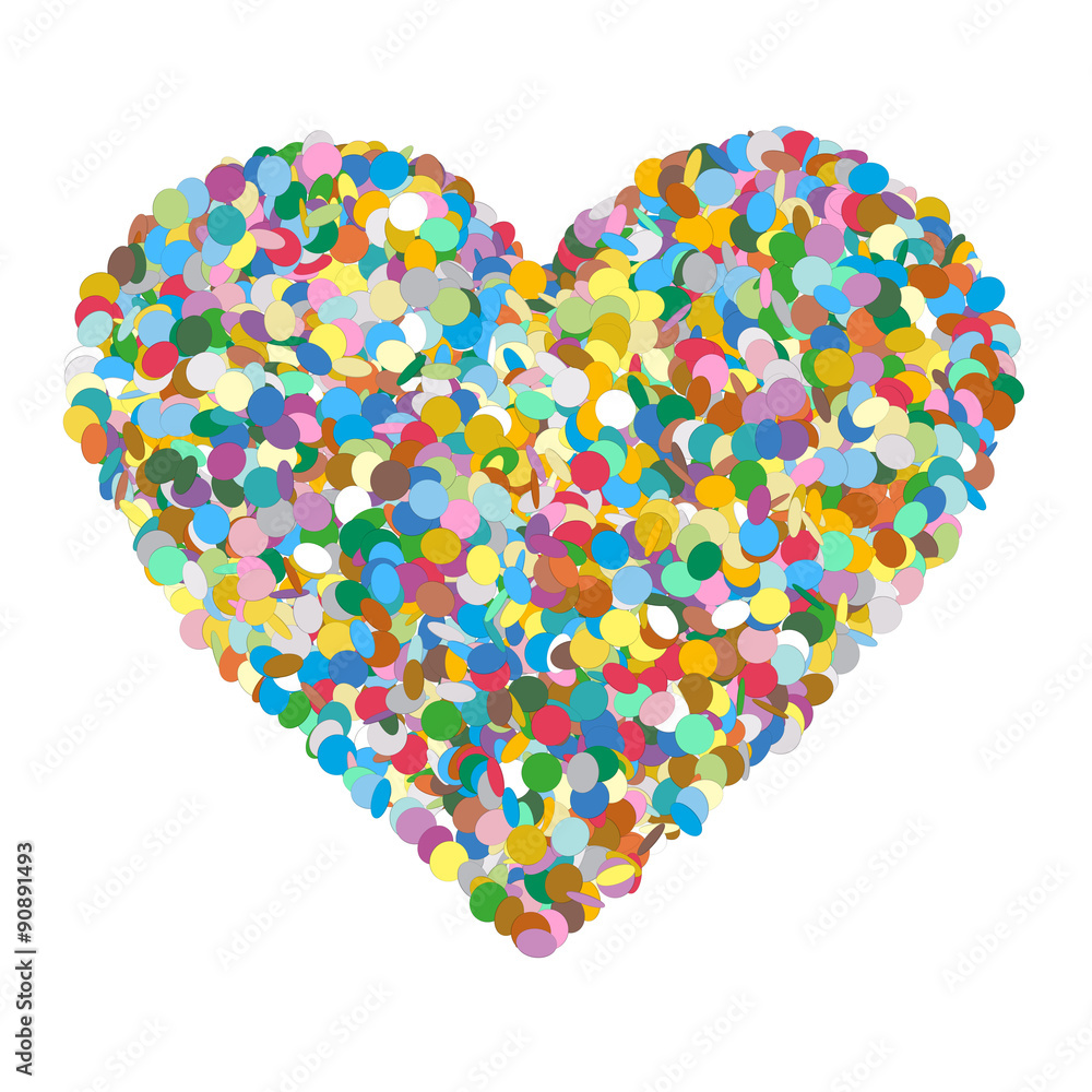 Abstract Heart Shaped Colourful Vector Confetti Heap on White Background - Herz, Symbol, Konfetti, Abstrakt, Liebe, verliebt, Vorlage, Zeichen, Icon, bunt, fröhlich, angeordnet, geformt