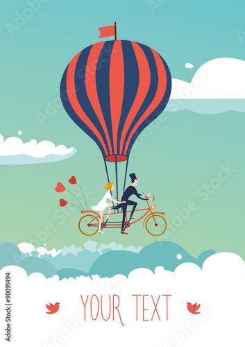 Bike above the clouds. Groom and bride are flying  on a tandem bike above the clouds.  Template for invintation and greeting cards.