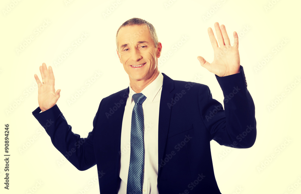 Businessman pressing abstract screen Businessman pressing abstract screen