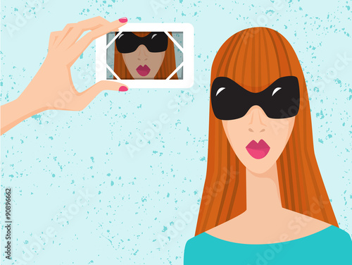 Taking photo of young redhead woman with white smartphone. Vector illustration.