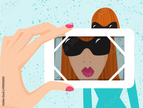 Taking photo of young redhead woman with white smartphone. Vector illustration.