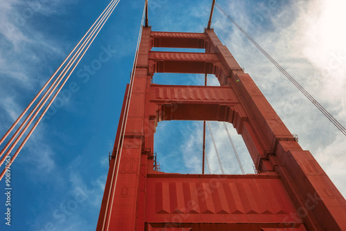 A closeup tower of the Golden Gate Bridge in San Francisco