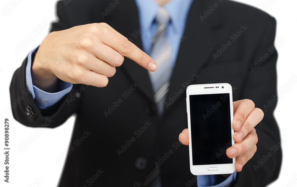 Young business man showing with black display of mobile phone Young business man showing with black display of mobile phone