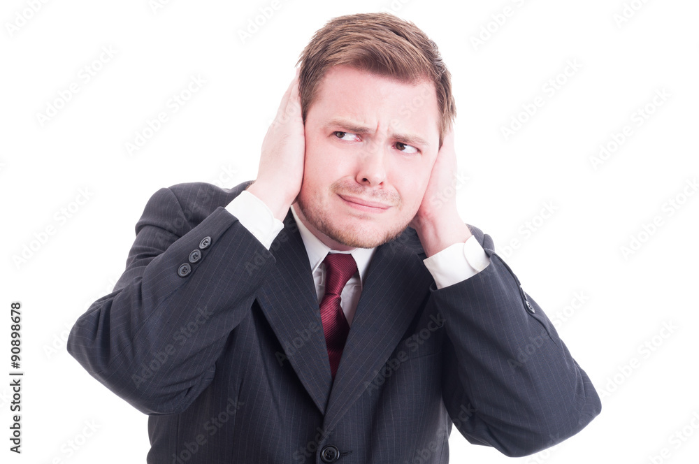Businessman, accountant or financial manager covering ears Businessman, accountant or financial manager covering ears