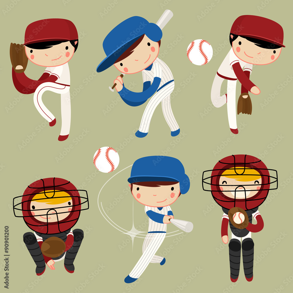 Εκτύπωση καμβά baseball kids character set. vector illustration