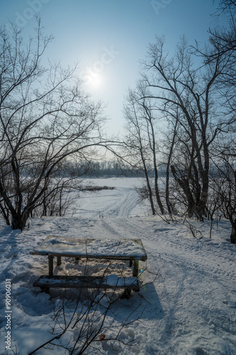 Stop place with table before long way. Winter  Russia