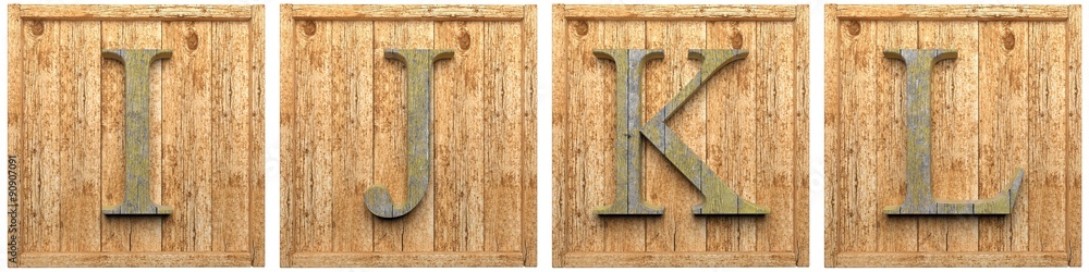 Group of wooden letters I J K L framed, isolated on white Group of wooden letters I J K L framed, isolated on white