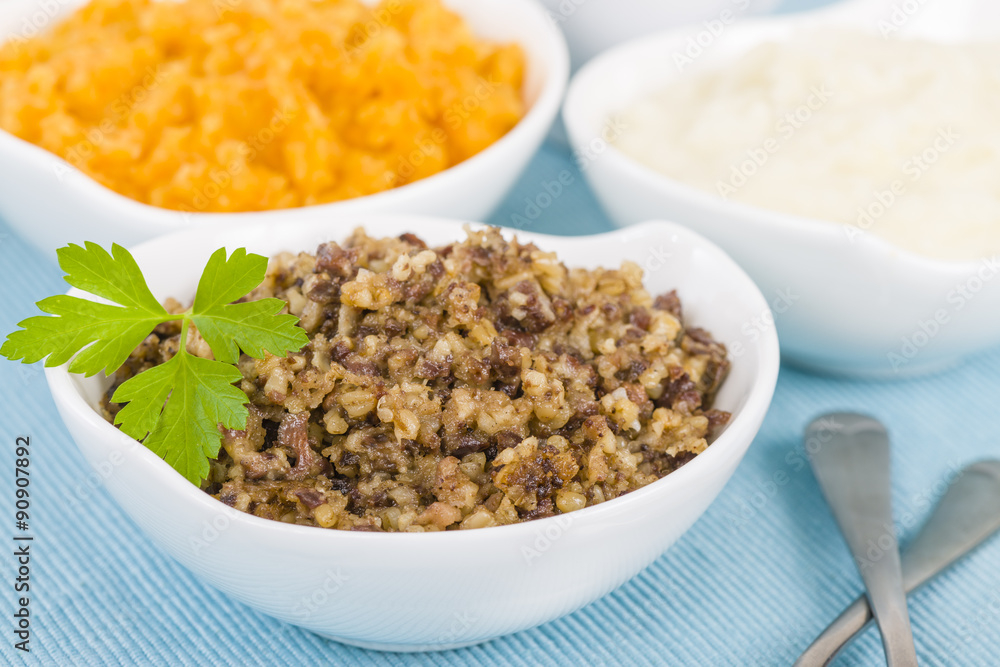 Haggis, Neeps & Tatties - Traditional Scottish meal commonly served at Burn's Night.
Haggis, Neeps & Tatties - Traditional Scottish meal commonly served at Burn's Night.