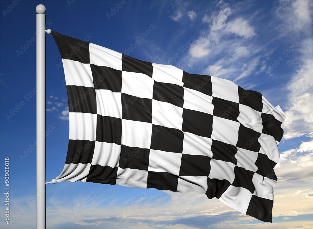 Waving flag of Formula One on flagpole, on blue sky background.