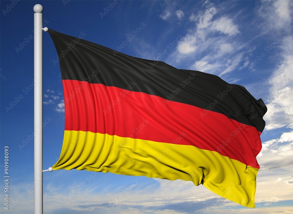 Waving flag of Germany on flagpole, on blue sky background. Waving flag of Germany on flagpole, on blue sky background.
