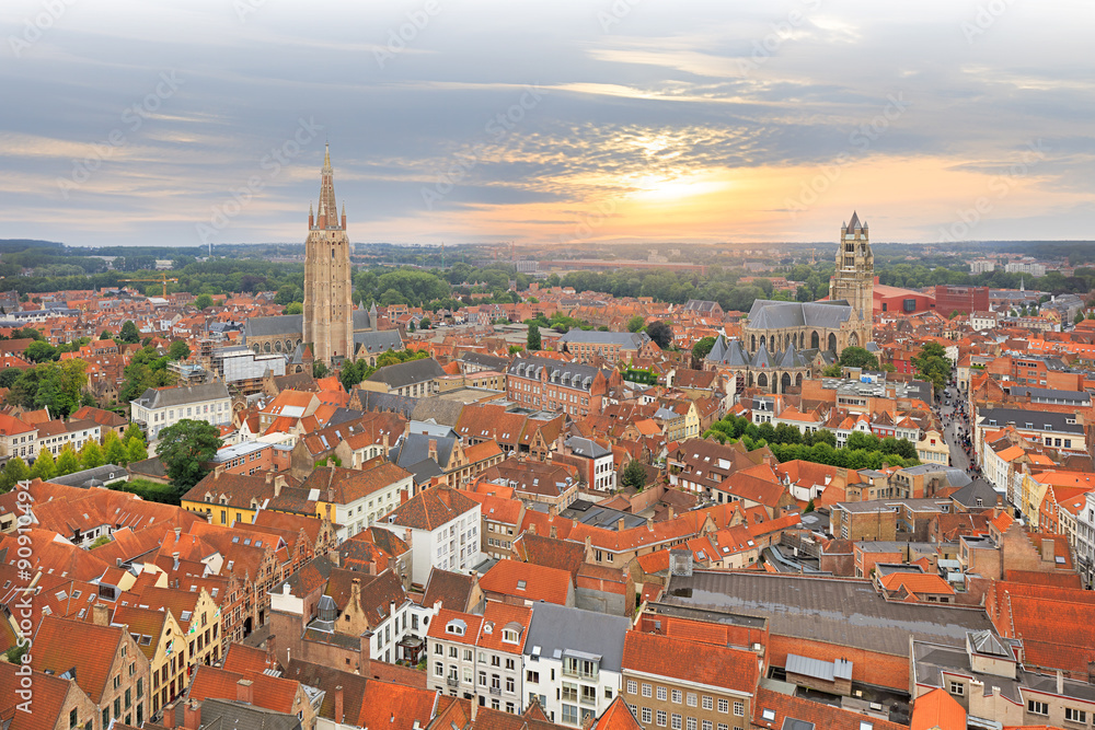 View over Bruges historical old town on sunset