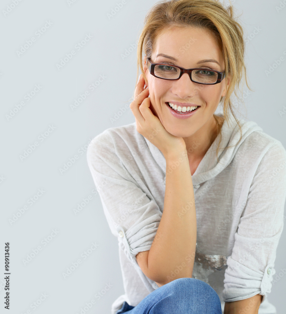 Portrait of smiling blind woman with eyeglasses, isolated Portrait of smiling blind woman with eyeglasses, isolated