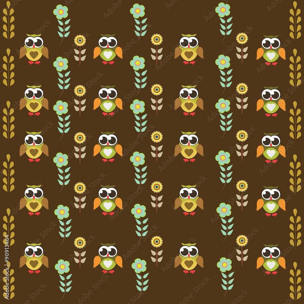 Fototapeta premium Owl with flowers on a brown background vector