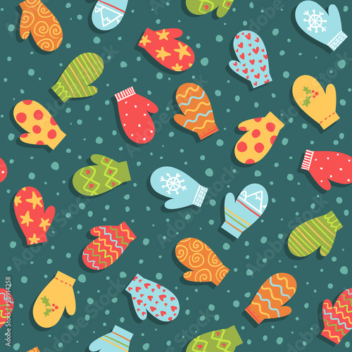 Seamless pattern with mittens and snow