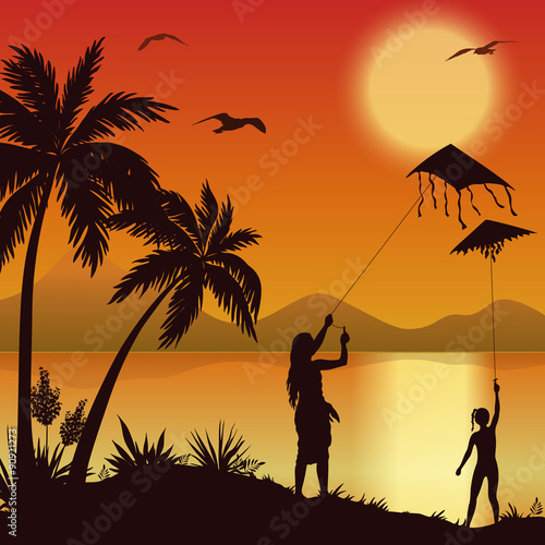 Tropical Sea Landscape with Palms and Surfer