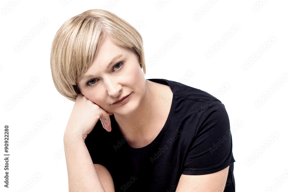 Caucasian woman, serious expression Caucasian woman, serious expression