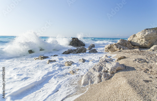 waves, splash, foam, rocks, summer holidays - Lefkada island Greece