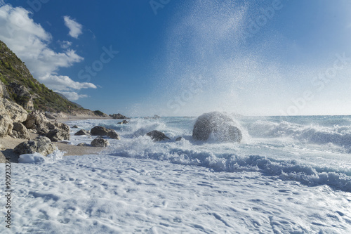 wave big, splash, Lefkada Kathisma beach, Greece