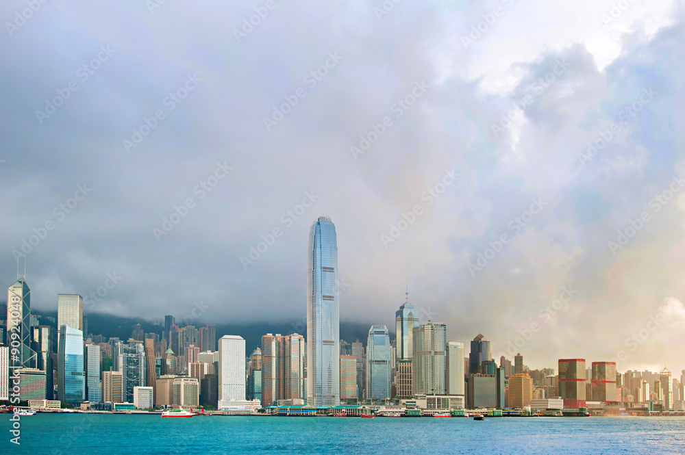 Naklejka premium Skyline of Hong Kong island at sunset