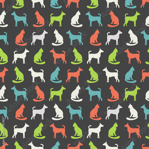 Animal seamless vector pattern of cat and dog silhouettes.