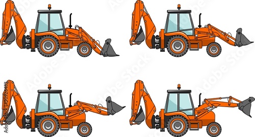 Backhoe loaders. Heavy construction machines. Vector