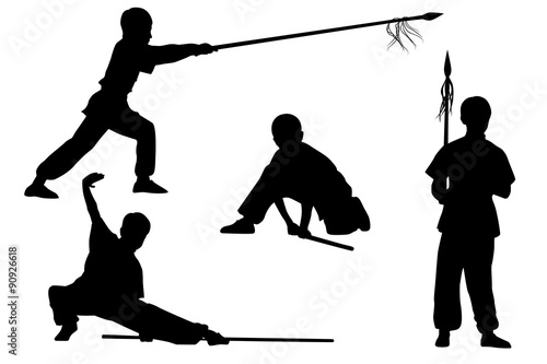 Vector set of silhouettes: Boy show Wushu Tao with a stick and spear