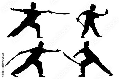 Vector set of silhouettes: girl show Wushu with saber.