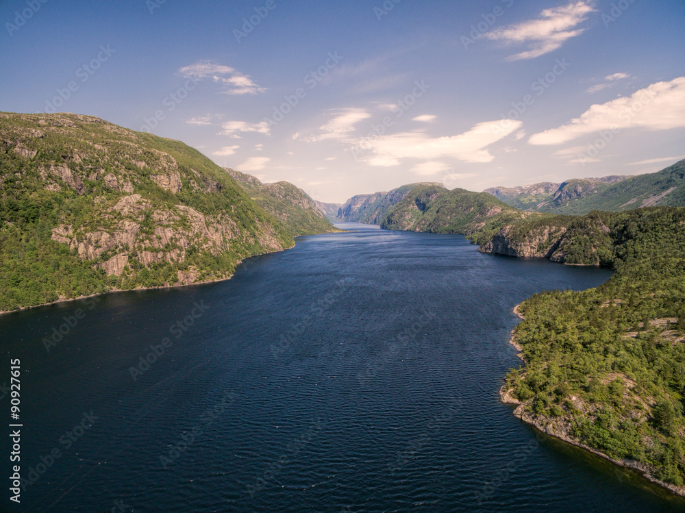 Scenic aerial view of picturesque fjord in Norway
