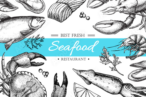 Vector vintage seafood restaurant illustration.