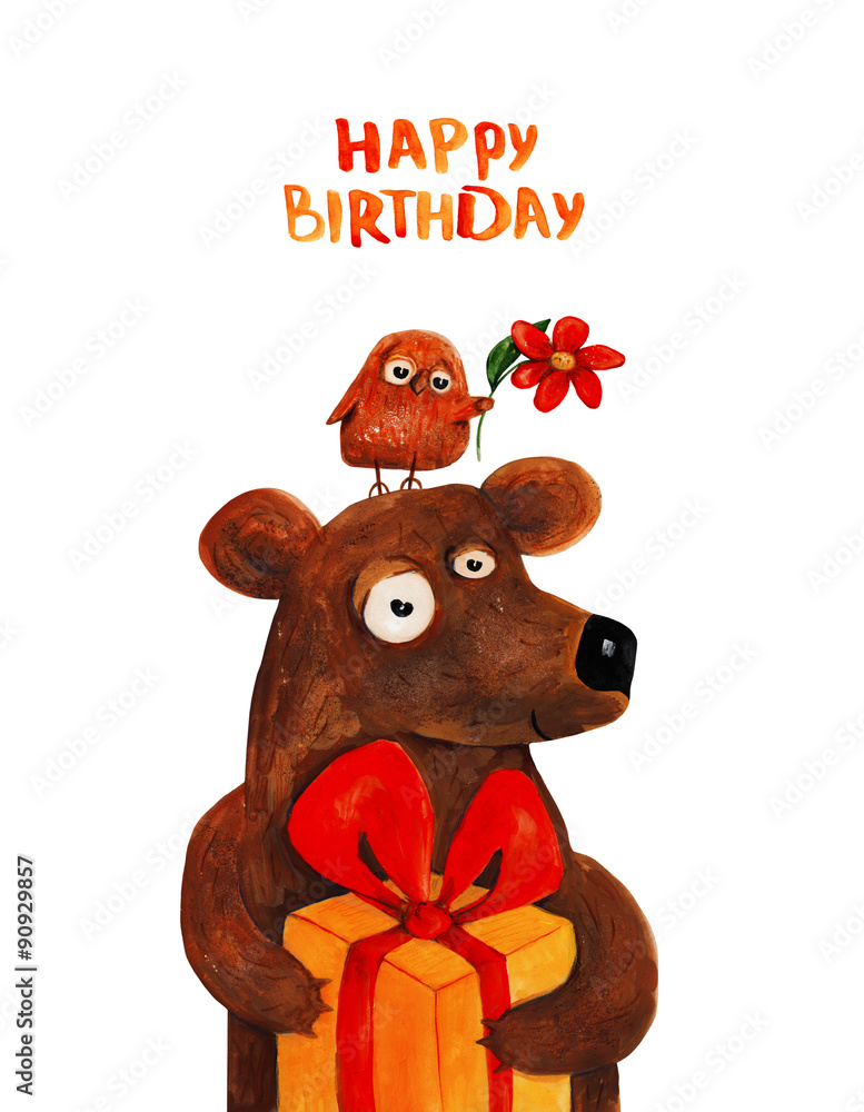 Bear with owl with present. Happy birthday. Watercolor and gouache Illustration Bear with owl with present. Happy birthday. Watercolor and gouache Illustration