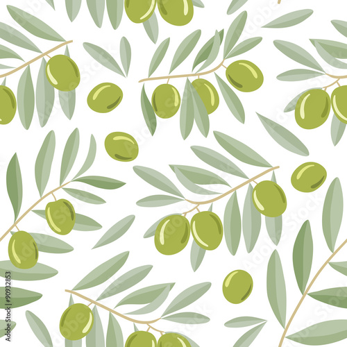 Seamless pattern with green olives on a branch with leaves. Vector illustration. For backgrounds, wallpapers, wrapping paper, textile.