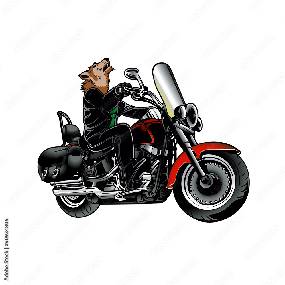 Wolf wearing leather jacket on the motorcycle Wolf wearing leather jacket on the motorcycle