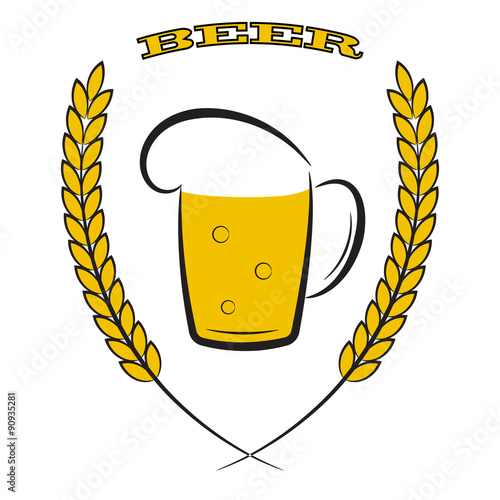 Mug beer with yellow ears of wheat on white