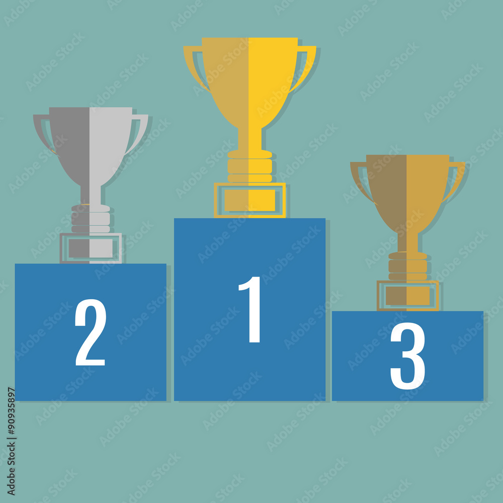Gold, Silver and Bronze Trophy Cup on prize podium. Gold, Silver and Bronze Trophy Cup on prize podium.