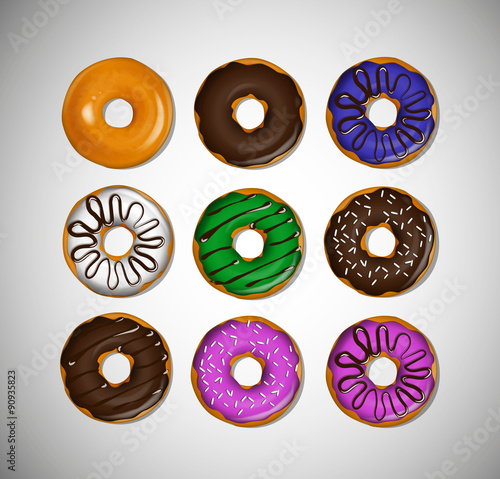 Set of donuts. Donut icon collection with frostings and toppings.