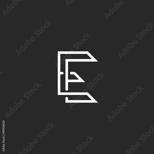 Hipster E letter logo monogram, illusion crossing outline thin line, black and white mockup invitation emblem