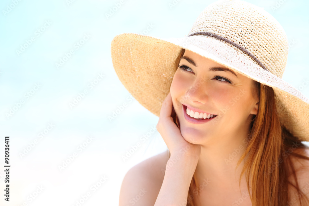 Beauty woman with white teeth smile looking sideways