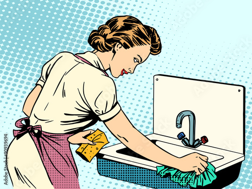 woman cleans kitchen sink cleanliness housewife housework comfor