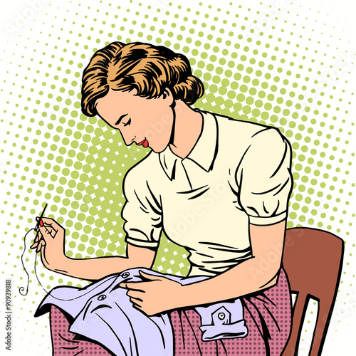 woman sews shirt thread housewife housework comfort