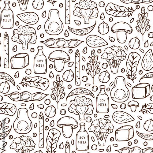 Seamless background with cartoon hand drawn objects on vegan