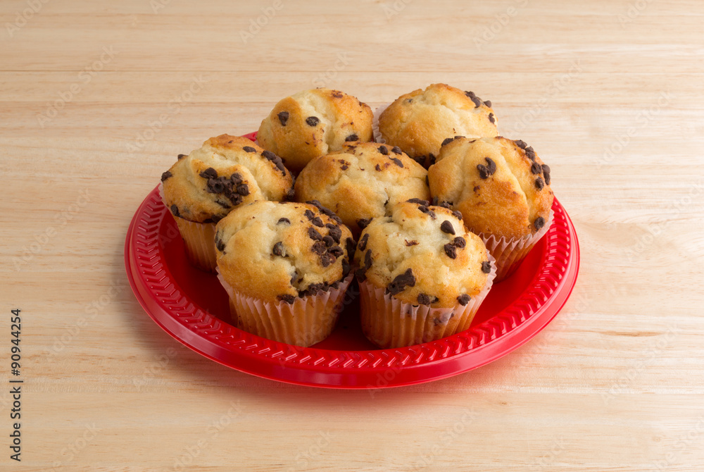 Small chocolate chip muffins on a red plate