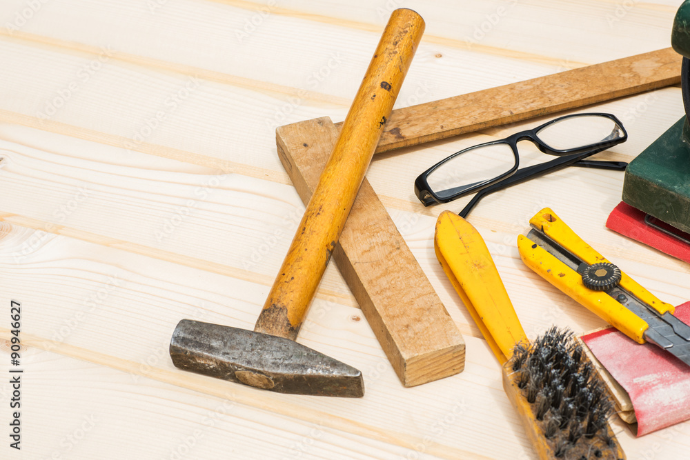 Naklejka premium Carpenter tools, diy concept table