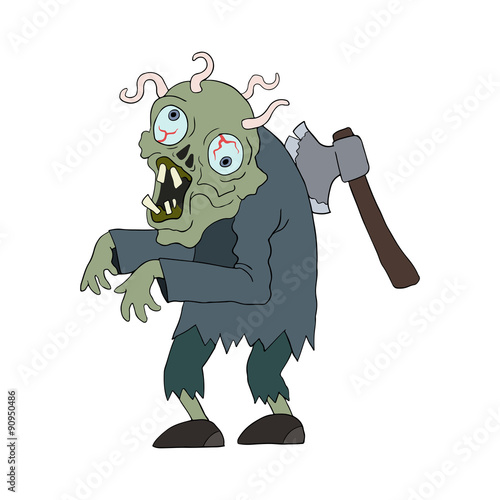 Zombie man cartoon character. Zombie with axe in his back and worms in brain. Vector isolated Illustration.