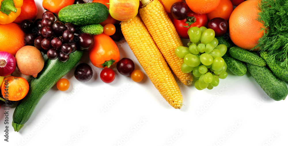 Naklejka Heap of fruits and vegetables isolated on white