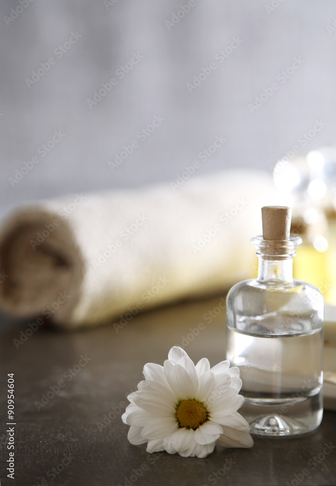 Composition of spa treatment on table colorful background Composition of spa treatment on table colorful background