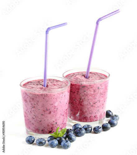 Glasses of blueberry smoothie, closeup