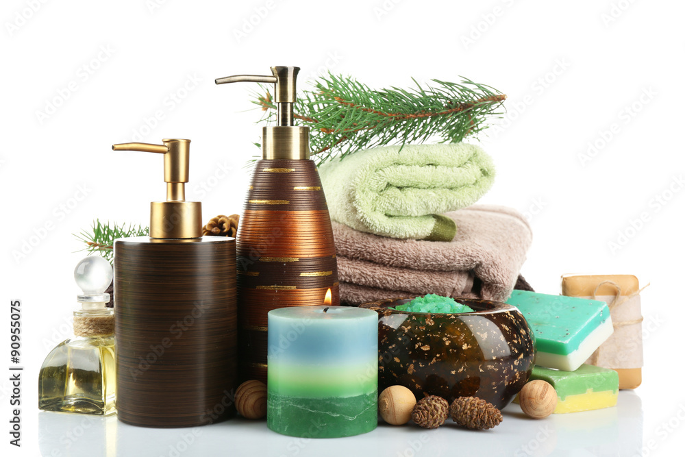 Essential oil of pine, handmade soap and cream with pine extracts and spa treatments, isolated on white Essential oil of pine, handmade soap and cream with pine extracts and spa treatments, isolated on white