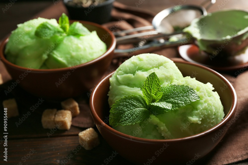 Homemade Green tea ice-cream on dark wooden background Homemade Green tea ice-cream on dark wooden background